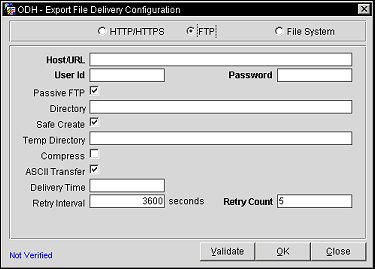 When the OXI Export check box option is selected on the Export File Details screen the Delivery Configuration button allows you to configure the location and delivery method for sending the selected Export File