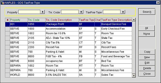 GDS Tax Fee Types Screen